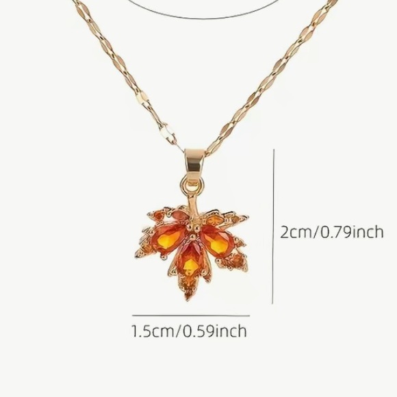 NWT Red Maple Leaf Pendant Inlaid Zircon 18K Gold Plated Copper Necklace - Picture 7 of 7